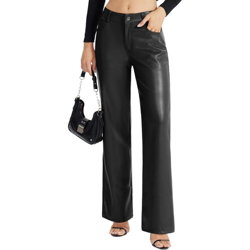 Women's Faux Leather Pants PU Straight Wide Leg Trousers with Pockets